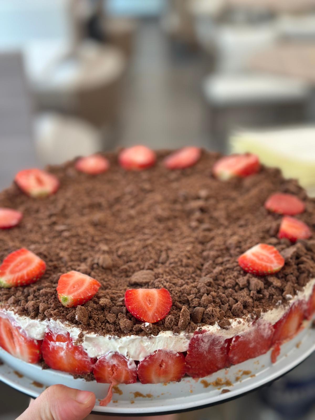 Decadent chocolate dessert with fresh strawberries